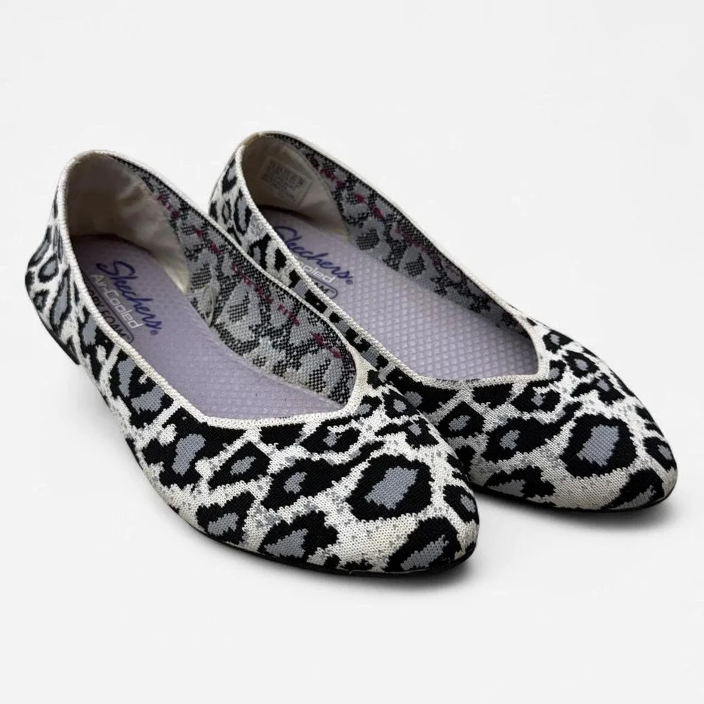 Skechers Leopard Print Ballet Flats White Black 44886 Women US 7.5